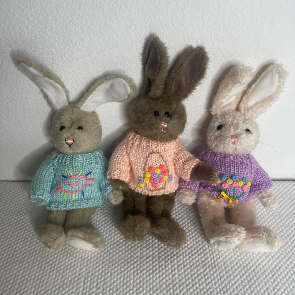 Set of 3 Plush Bunnies/Rabbits with Movable Joints & Knitted Outfits 11” tall